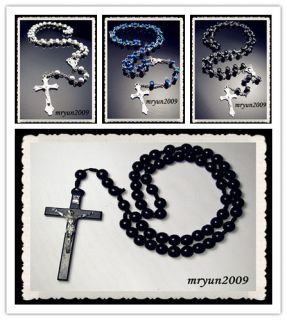 NWT Rosary INRI Blue Black AB Crystal Wood beads cross pendant Beaded 