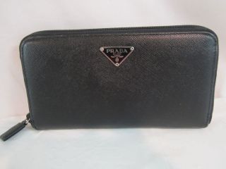 Prada Black Textured Leather Zip Around Organizer Wallet 