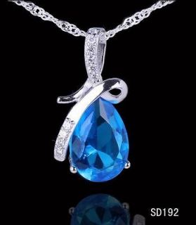   925 Sterling Silver Zircon Teardrop Blue Crystal Pendant Fit Necklace