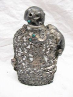 ANTIQUE SILVER METAL OVERLAY WHISKEY RYE BOTTLE FLASK INSECT LIZARD 