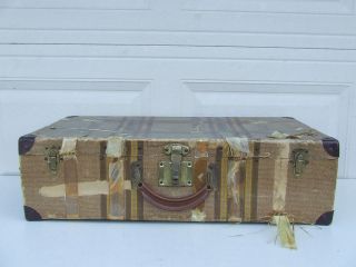 Old Vtg Striped Tweed Look Suitcase Travel Luggage Case UNIQUE FREE 