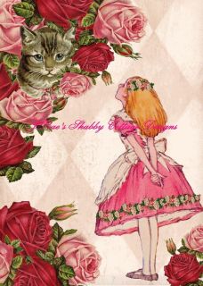 Sweet Altered Art Alice In Wonderland w Cheshire Cat & Roses 5x7 