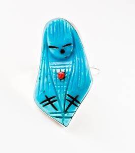 Zuni Hand Carved Turquoise Corn Maiden Ring Sz 8 C. Quandelacy Made 