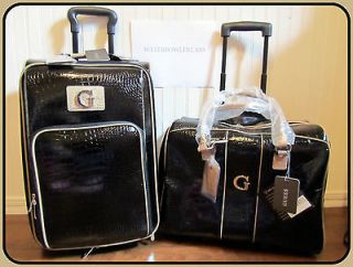 GUESS 2PC TRAVEL LUGGAGE TOTE SUITCASE BAG CARRY ON UPRIGHT BLACK CROC 