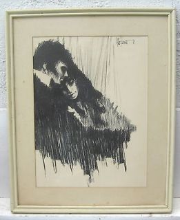 Aldo Luongo Charcoal Print  Lovers 1969 matted Glass Framed 17 X 21