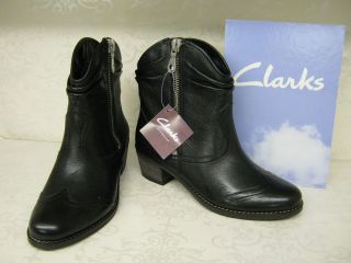 Clarks Marie Chloe Black Leather Casual Zip Up Cowboy Style Ankle 