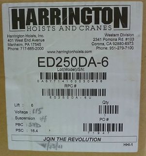 HARRINGTON ED250DA 6 250LBS SINGLE PHASE ELECTRIC CHAIN HOIST ED250DA6 
