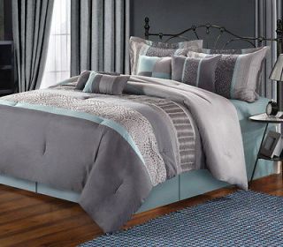 Euphoria Aqua Blue & Gray 8 Piece Comforter Bed In A Bag Set NEW