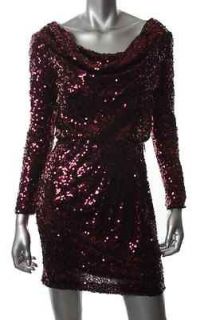 Aqua Red Sequined Cowl Neck Long Sleeve Blouson Clubwear Dress 4 BHFO