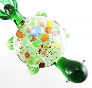 1pc Green Sea Turtle Lampwork Murano Art Glass Pendant Ribbon Necklace 