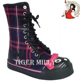 goth emo KITTY BOW COMBAT army TARTAN BOOTS PINK
