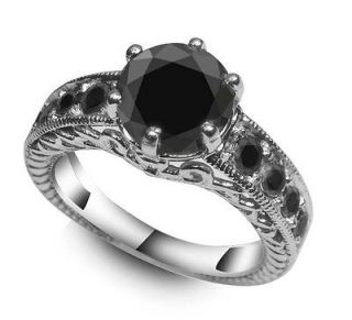   82Ct AAA BLACK ROUND DIAMOND SOLITAIRE ENGAGEMENT RING 14K WHITE GOLD