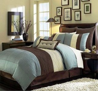 8pcs Modern Blue Brown Beige Comforter (104x92) Set Bed in bag, King 