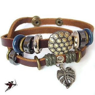 Ethnic hemp leather strap bracelet wristband leaf handcraft artisan