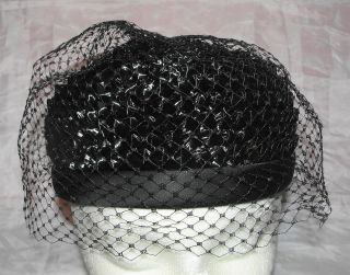 Vintage Ladies Black Straw Hat With Veil & Satin Ribbon