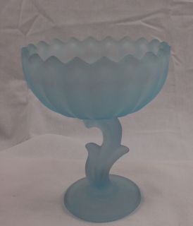 Blue Satin Frosted Glass Pedestal Compote Indiana Glass Lotus Blossom 