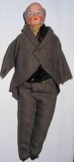 c1893 German Bisque Dollhouse Doll, Grampa, Orig Clothes, Cloth Body 