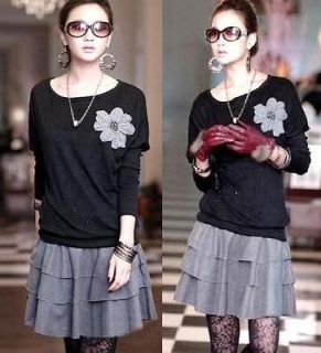 L417 Trendy Korean Women Bat Lolita Flora Long Sleeve T shirt Top 