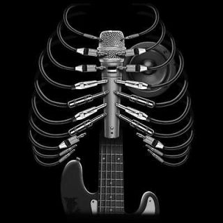AMPED UP Guitar Skeleton Cords Cool Music Liquid Blue BLACK T SHIRT (S 