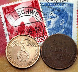 WW2 US Wheat CENT & NAZI German 5 Reichspfennig Coin/Swastika & Hitler 