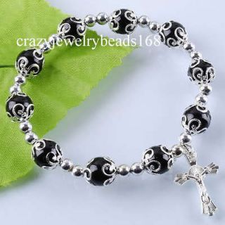 10mm Black Pearl Globe Cross Beads Bracelet Stretch 7 1/4  K716