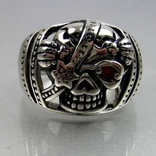 Biker Black Silver Stainles Steel Red Eye Skull Pirate Mens Ring Size 