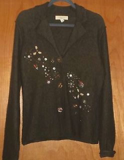 LINDEN HILL BROWN 100% WOOL SWEATER JACKET WITH BEADS & SEQUINS SIZE 