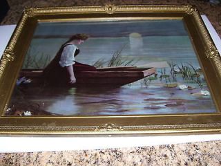 Antique Framed Print  Lady in Wooden Row Boat Beautiful