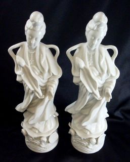 Vintage Pair Blanc De Chine Kuan Yin Goddess Ceramic Figurines