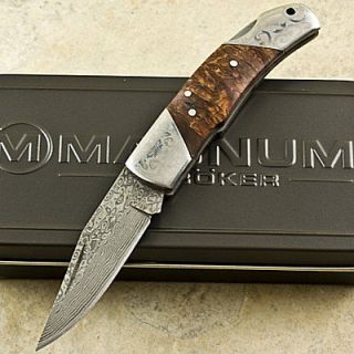 BOKER MAGNUM Damascus DUKE Burl Wood Lockback Knife New Brown Handles 