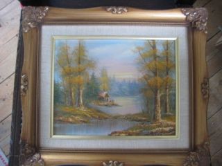 Fine Art Vintage Oil on Canvas Lake & Trees G Whitman