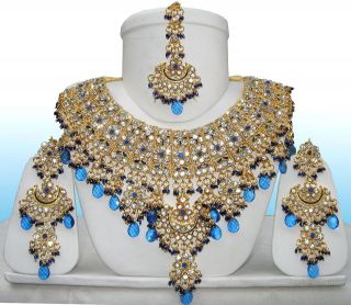 Indian Fashion Jewelry Jodha Akbar Set 921 Blue + Earrings + MangTikka