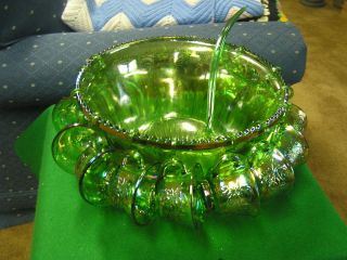   Glass GREEN Irridescent CARNIVAL Glass PUNCH BOWL & 12 CUPS w/Ladle