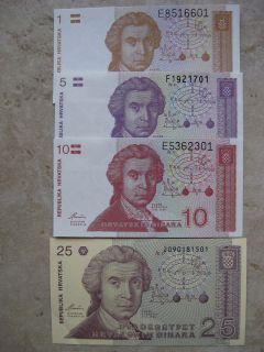 CROATIA 1991 1, 5, 10, 25 DINARA (4) UNCIRCULATED BANKNOTE SET ZAGREB 
