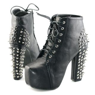   spike stud lace up high block chunky heel platform shoes booties boots