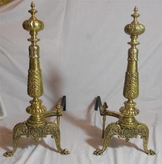 Stunning Pair Antique French Style Brass Andirons Ornat​e Castings 