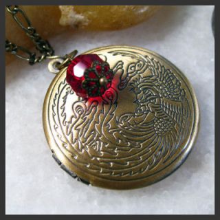 Garnet Chinese Phoenix Vintage Brass Picture Locket Pendant Necklace