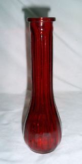 Tall Glass Bottle/Bud Vase Red in Color w/Ribbed Pattern