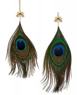   Morocco Adventure Peacock Feather & Gold Bow Charm Drop Earrings
