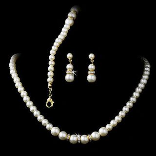   Wedding Crystal Ivory Pearl Gold Necklace Bracelet Earrings Jewelry