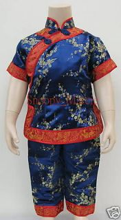 New Chinese Girls Silk Brocade Outfit Set Suit Pyjamas DK. Blue 1 2 