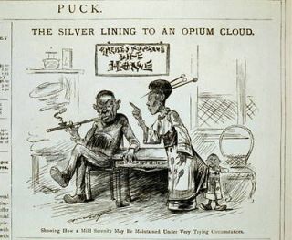 The silver lining to an opium cloud,1885,Ser​ene Chinese man,smoking 
