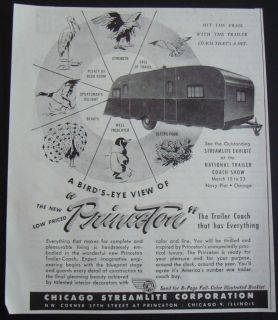 1947 PRINCETON CHICAGO STREAMLINE COACH TRAILER AD CAMPING PRINCETON 