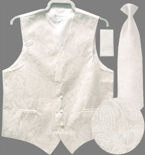 New mens tuxedo vest waistcoat_neck tie set paisleys pattern white 