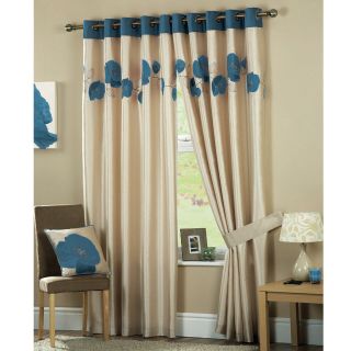   44 X 54 TEAL CREAM FAUX SILK CORSICAN POPPY LINED RING TOP CURTAINS