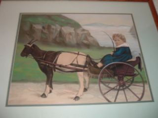 Victorian Pastel Child Goat Cart Antique Painting Beautiful 