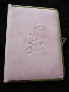 New baby girl faux leather photo album metal closure embossed rattle 