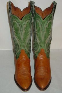 LARRY MAHAN TEXAS USA CRAFTED GREEN & BROWN LEATHER COWBOY WESTERN 