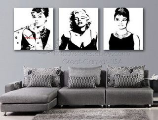 Moder Wall Clock On Canvas Set Of 3 FRAMED Marilyn Monroe & Audrey 