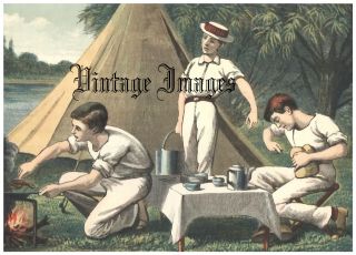 Boys Camping Tent Outdoor Campfire 297 Vintage Victorian Image Print 